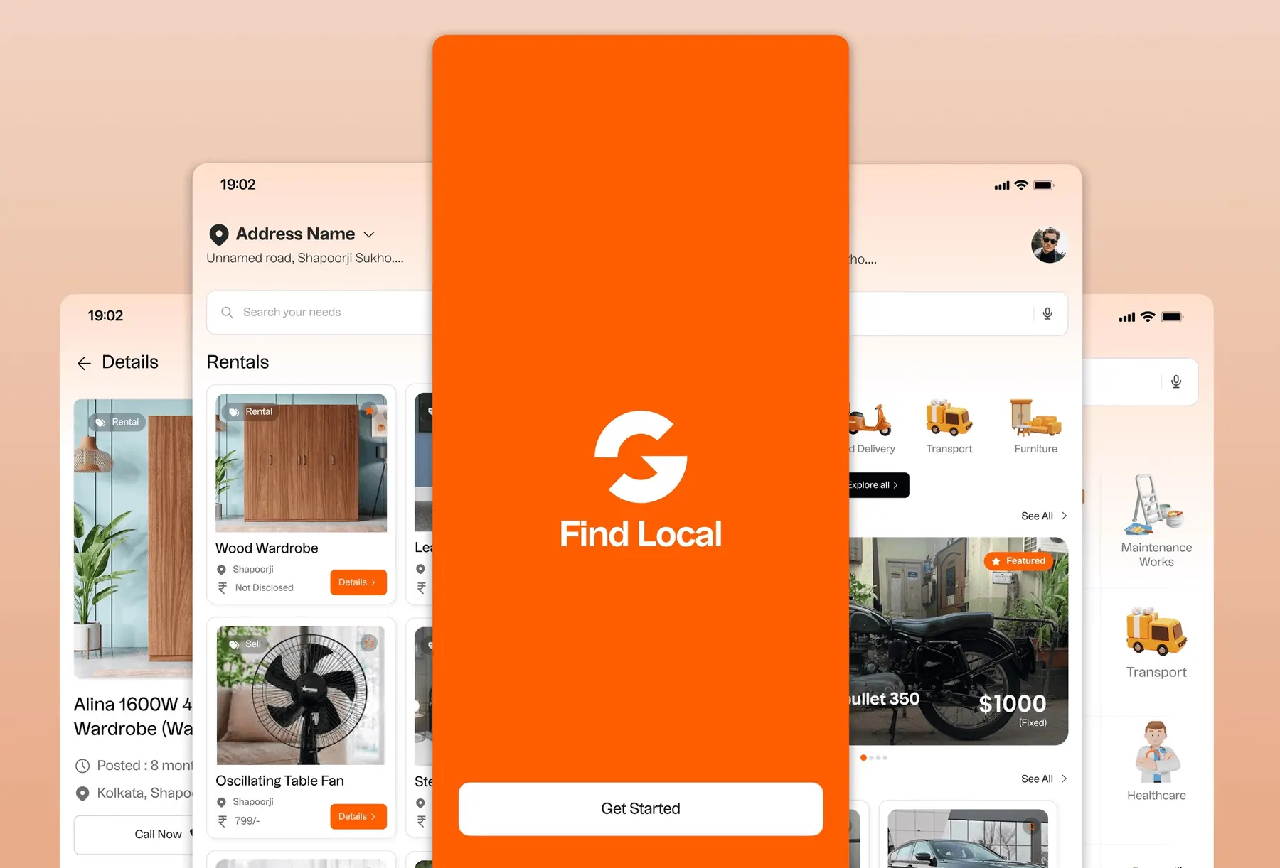 Find Local splash screen alongside the home, rentals and listing detail screens