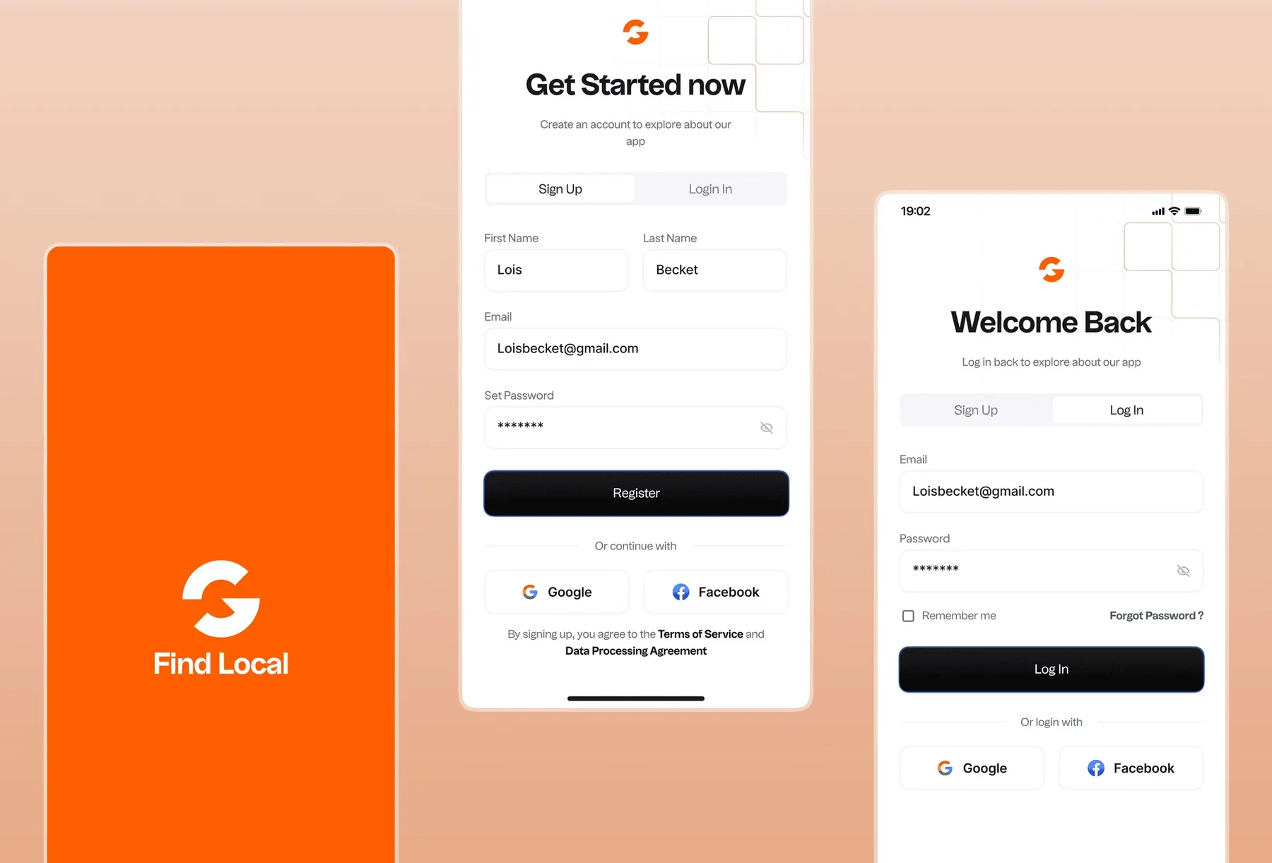 Find Local splash, sign up and log in screens