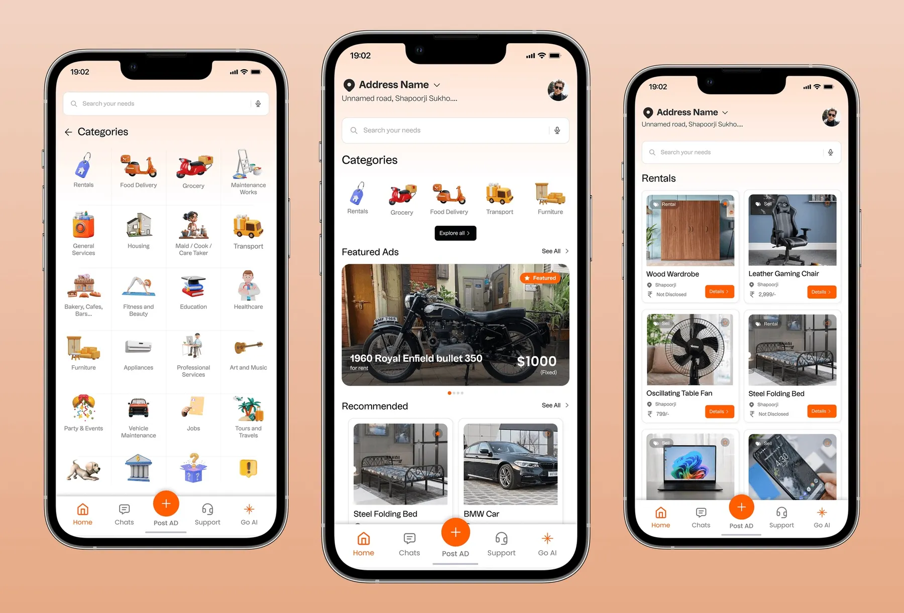 Find Local categories, home screen with featured ads and recommendations, and the rentals listing