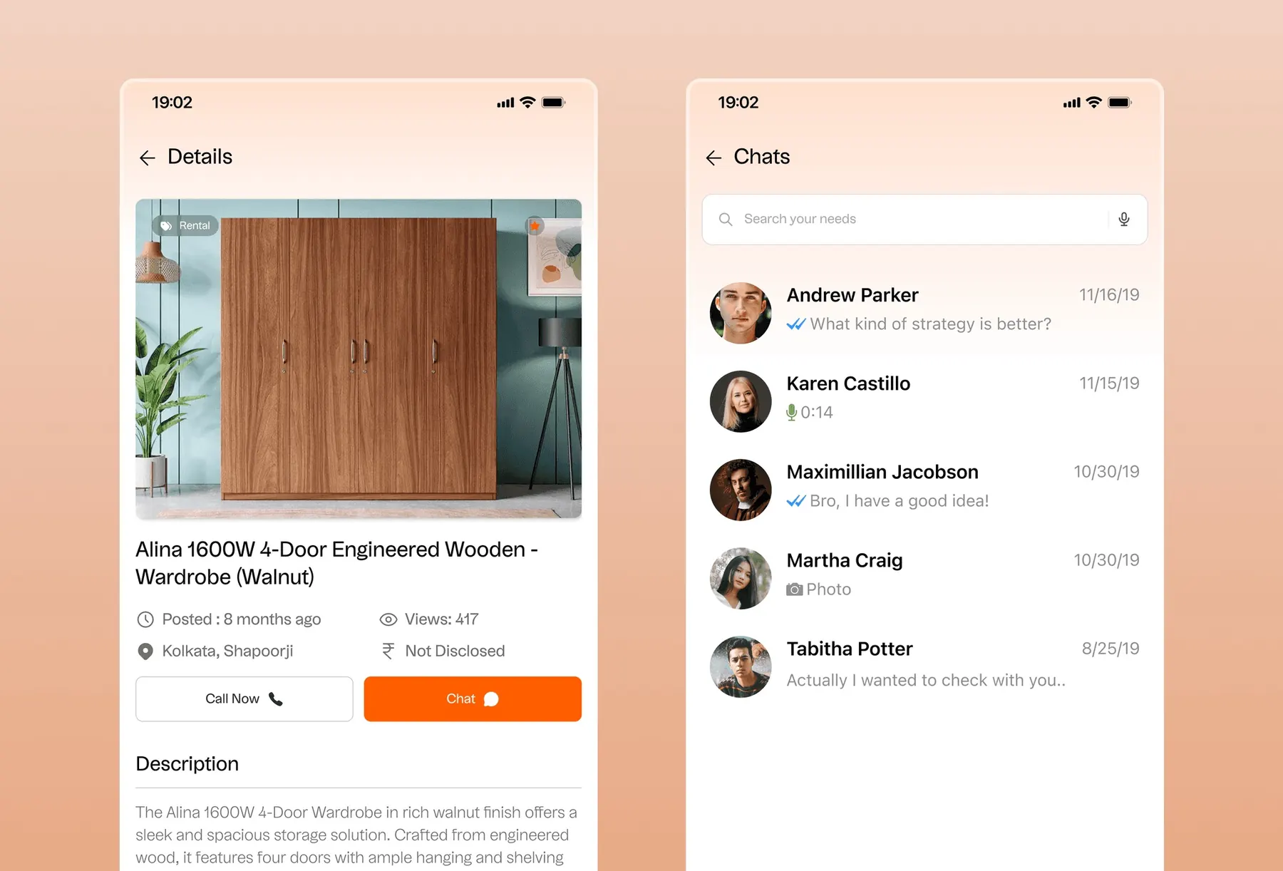 Find Local listing detail for a wooden wardrobe with call and chat options, next to the chats screen