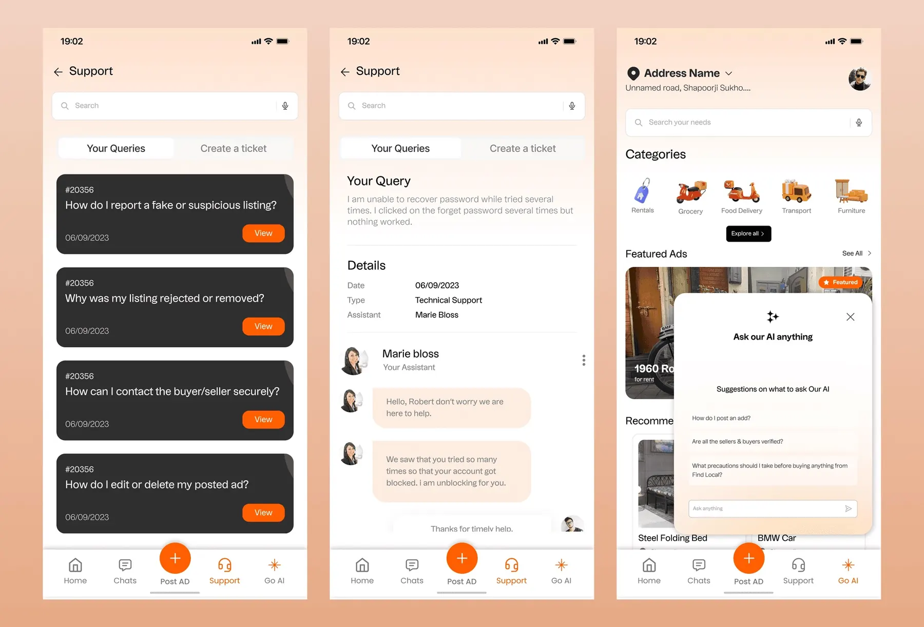 Find Local support queries, a query conversation with an assistant, and the Ask our AI anything assistant
