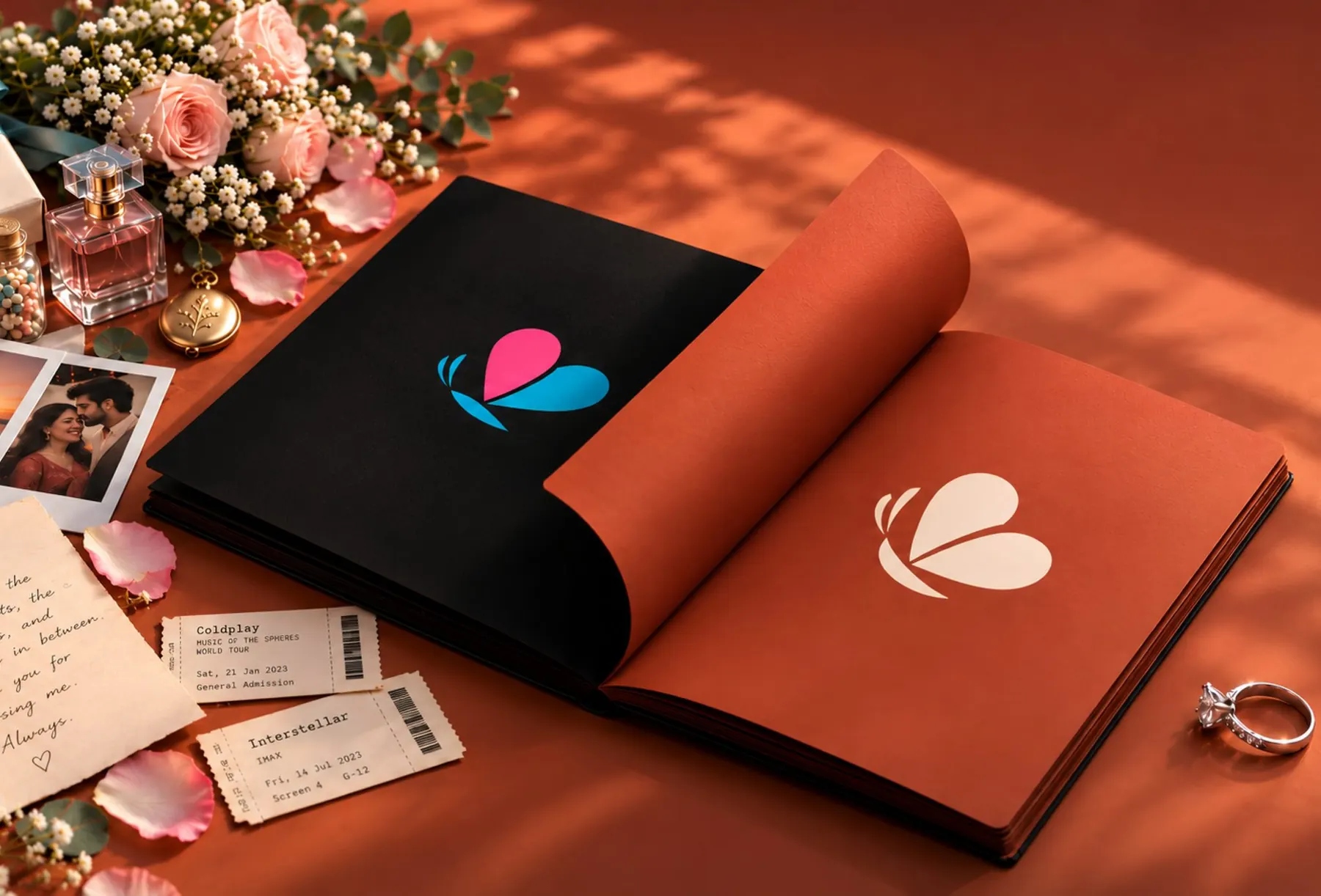 flutrr brand book with the heart logo, on a table with roses, concert tickets and an engagement ring