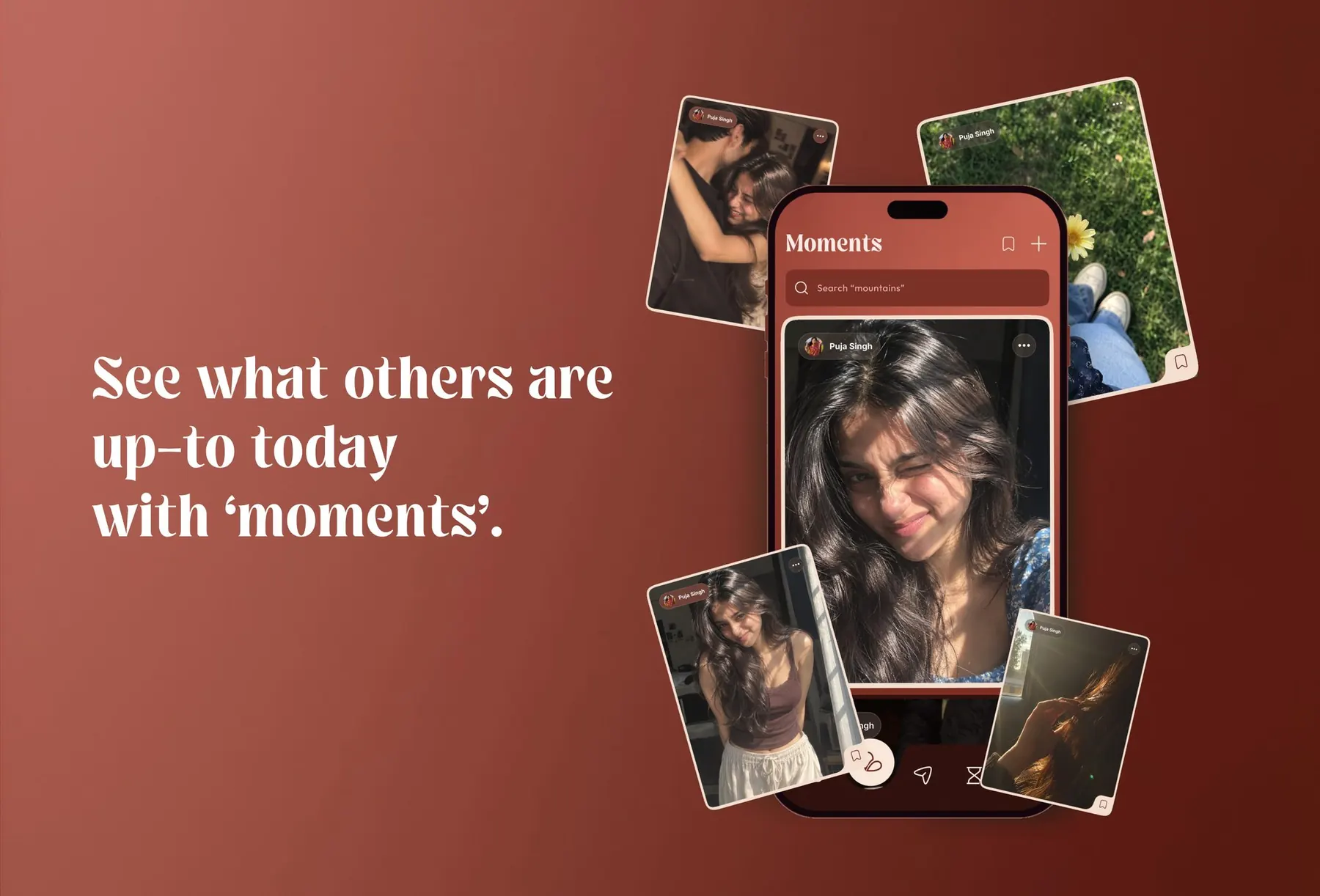 flutrr Moments screen with photo posts shared by other users