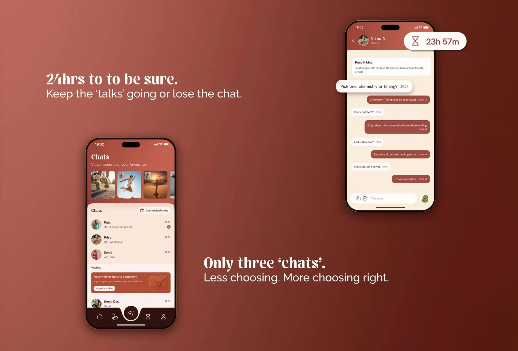 flutrr chats limited to three active conversations, next to a chat with a 24 hour countdown