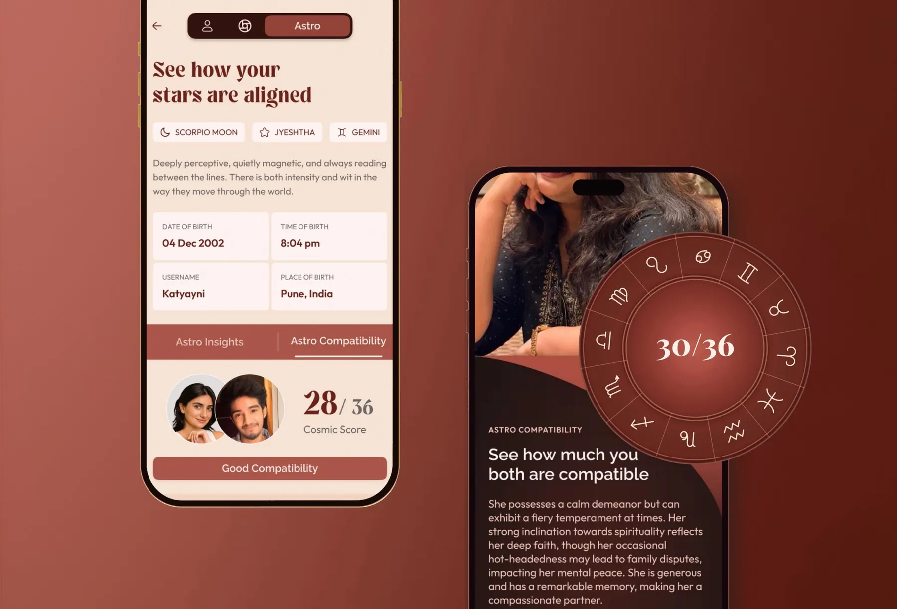 flutrr astrology profile and astro compatibility screens showing a 30 out of 36 compatibility score