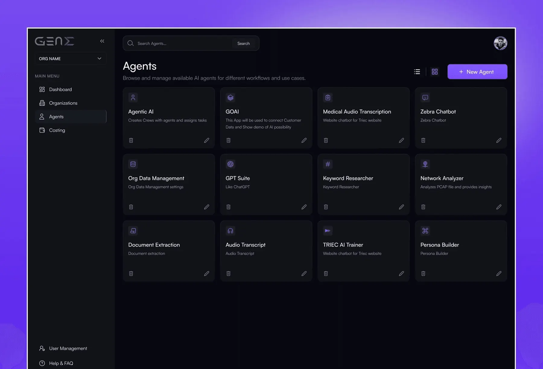 GenE agent directory showing AI agents as cards