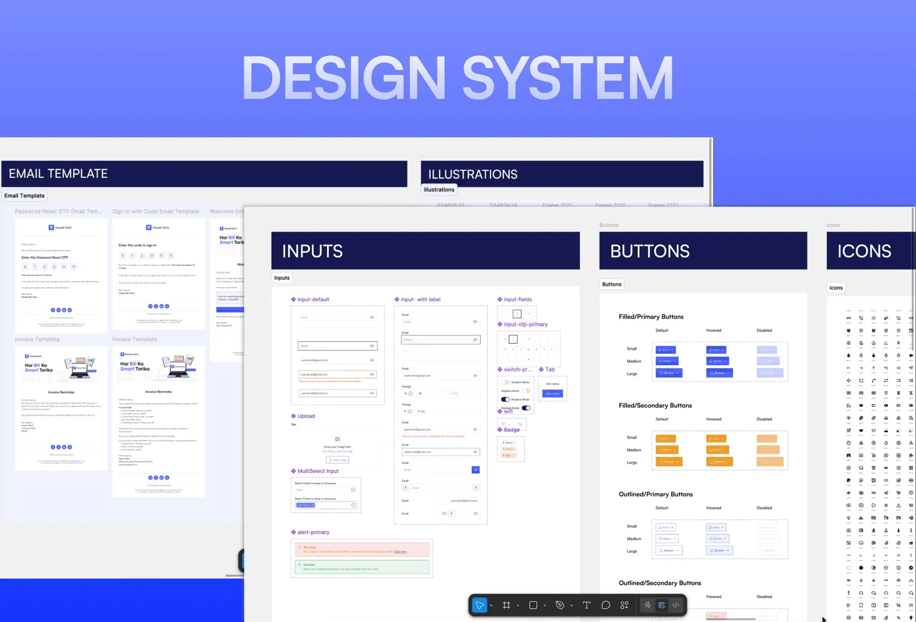 Hisaab Sathi design system with inputs, buttons, icons, email templates and illustrations