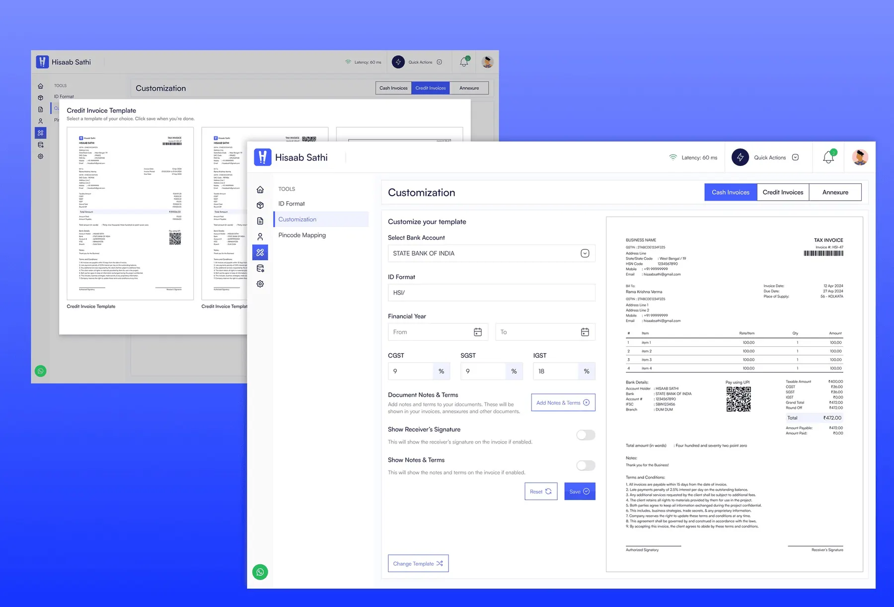 Hisaab Sathi invoice customisation screen with credit invoice templates and a tax invoice preview