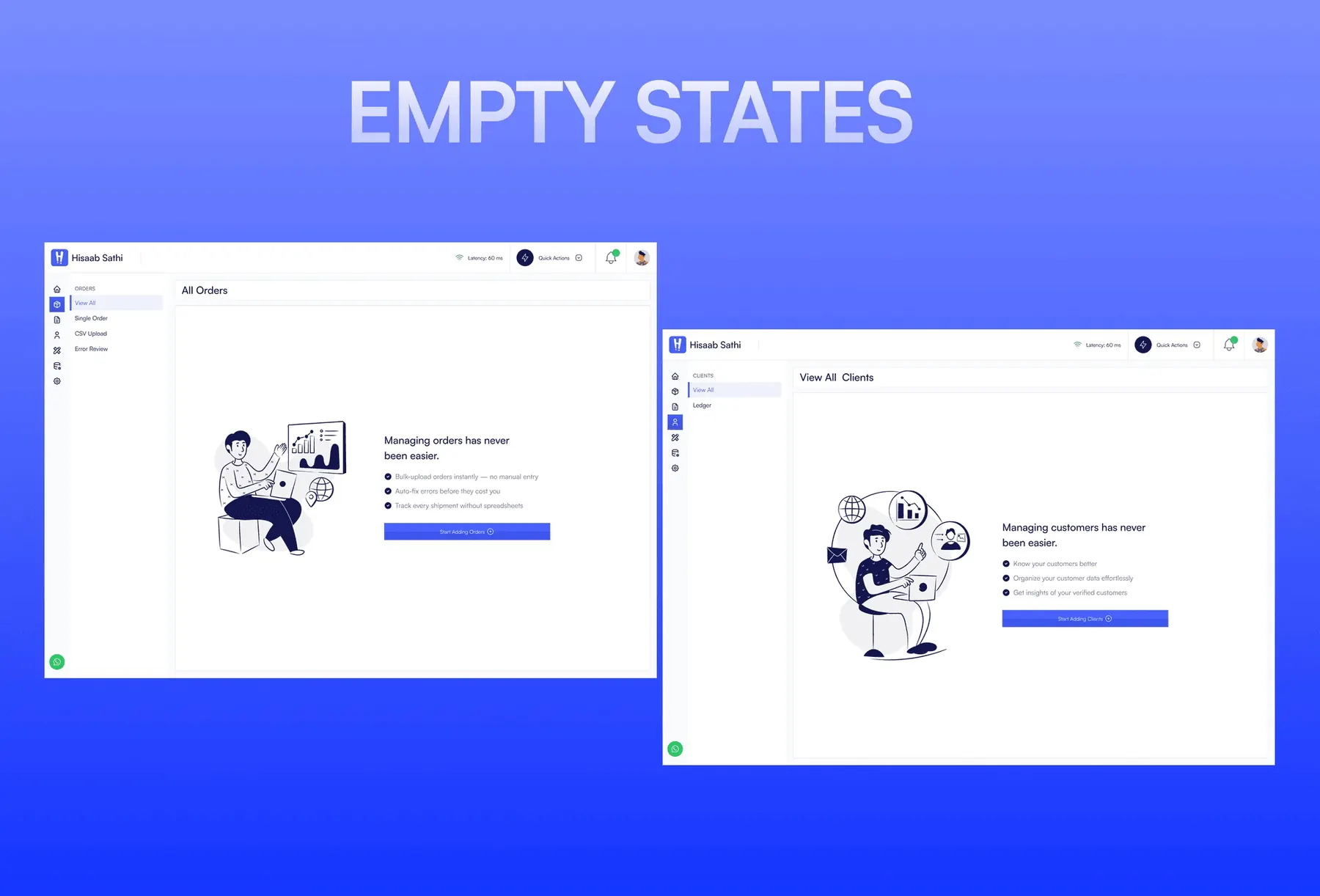 Hisaab Sathi empty states for the orders and clients screens