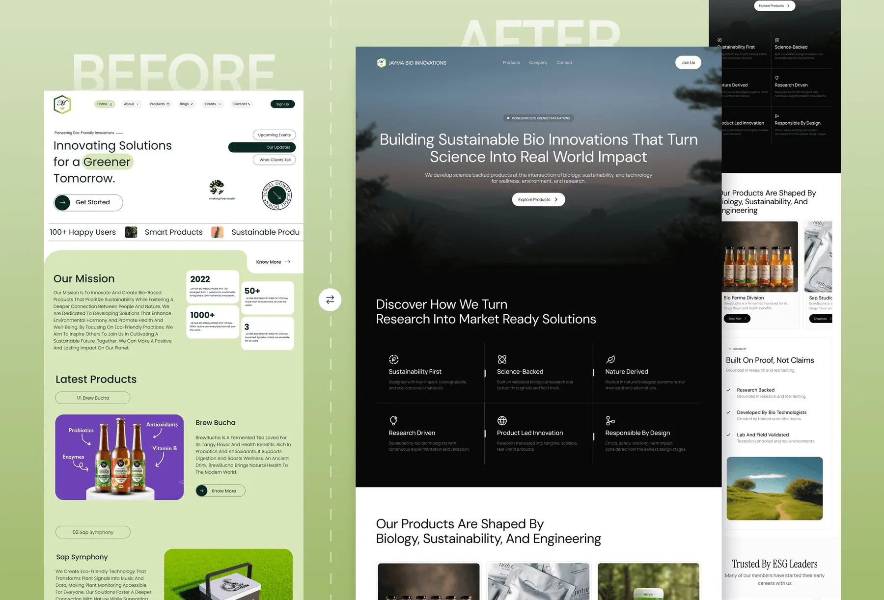Before and after comparison of the Jayma Bio Innovations homepage redesign