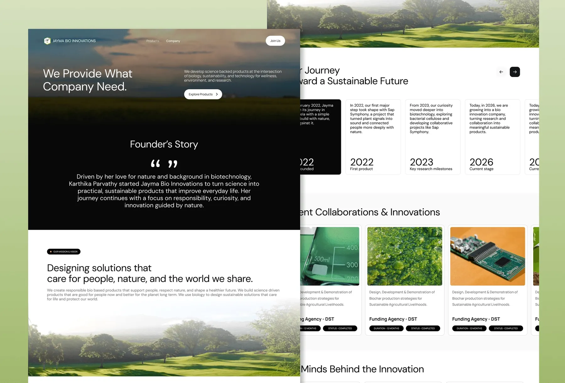 Jayma Bio Innovations pages showing the founder's story, the company journey timeline and research collaborations