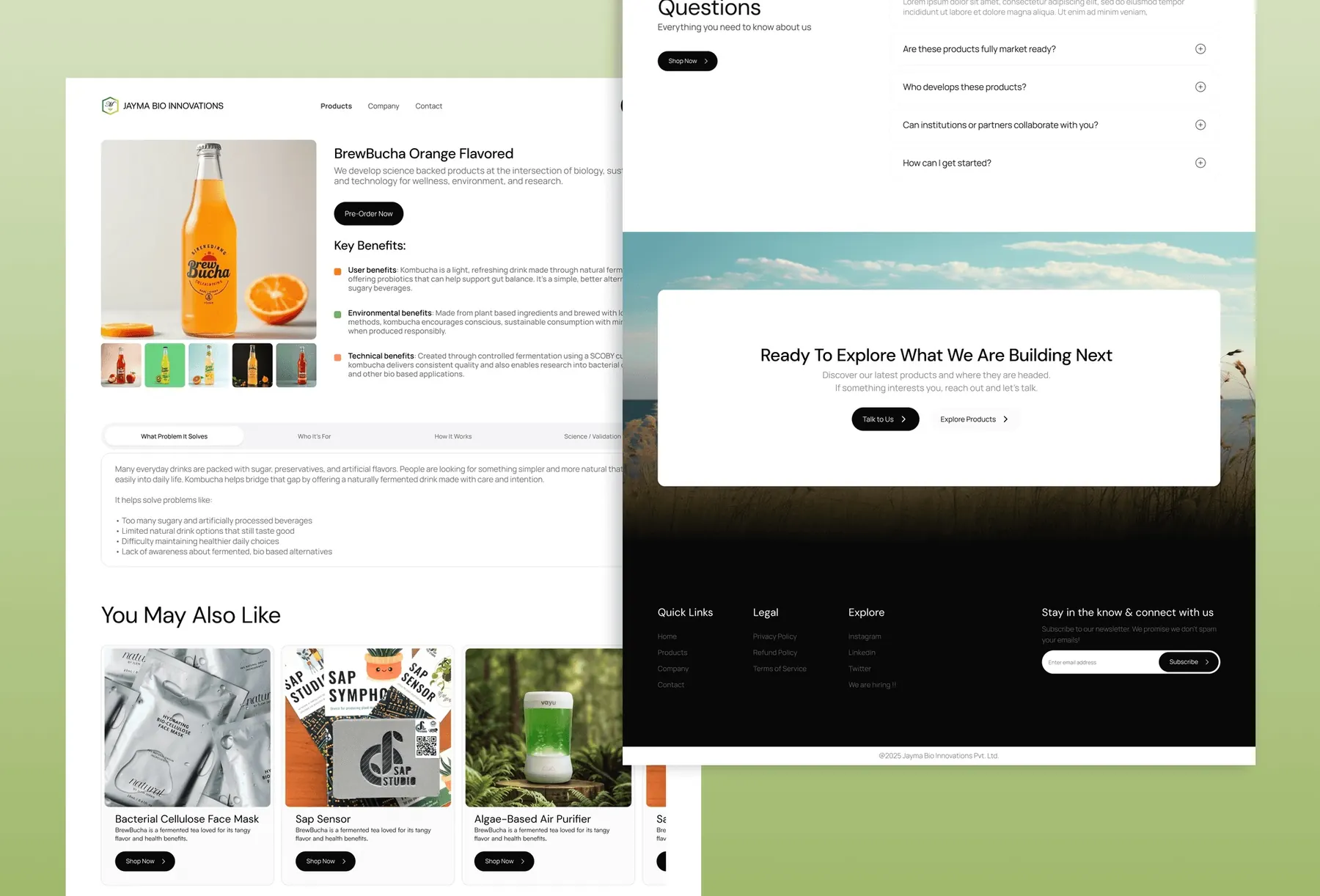 BrewBucha product page with key benefits, related products, FAQs and the site footer
