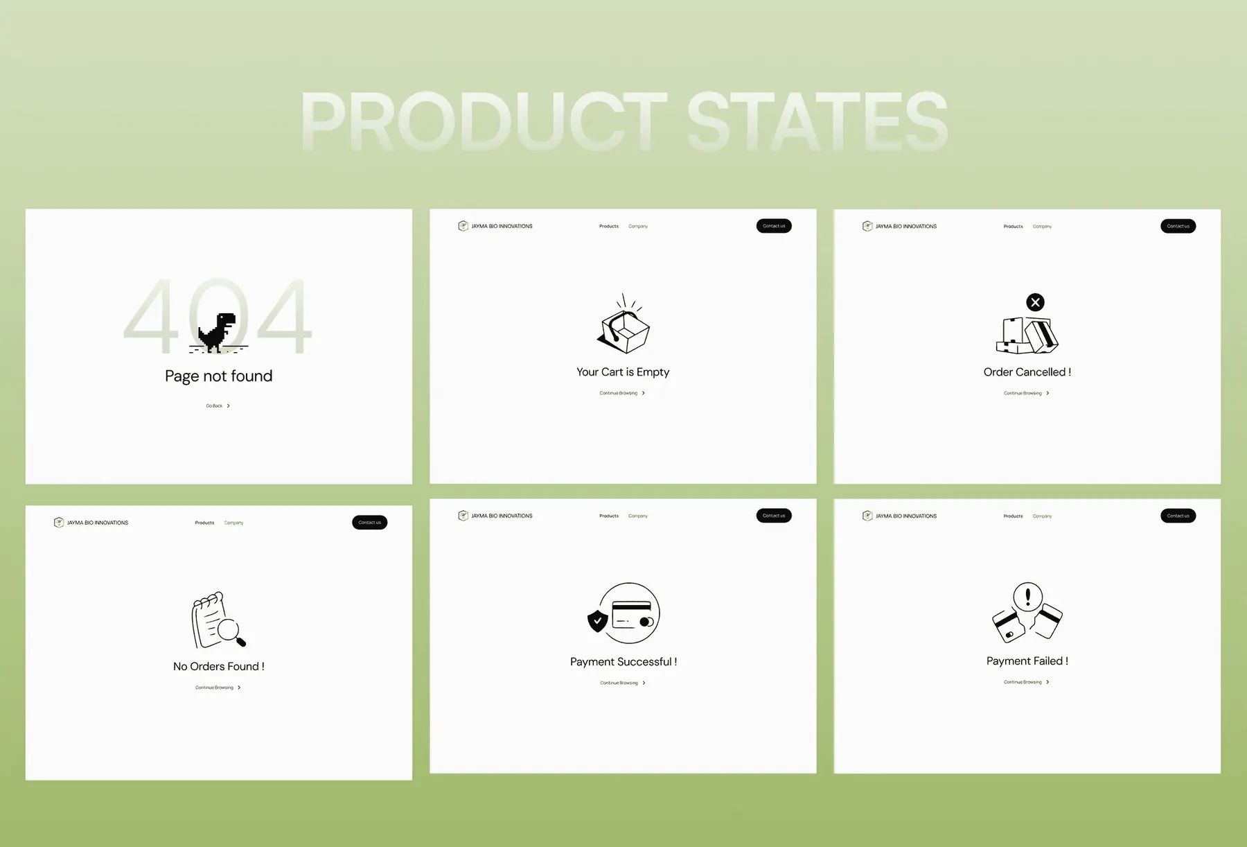 Product state screens: page not found, empty cart, cancelled order, no orders, payment successful and payment failed