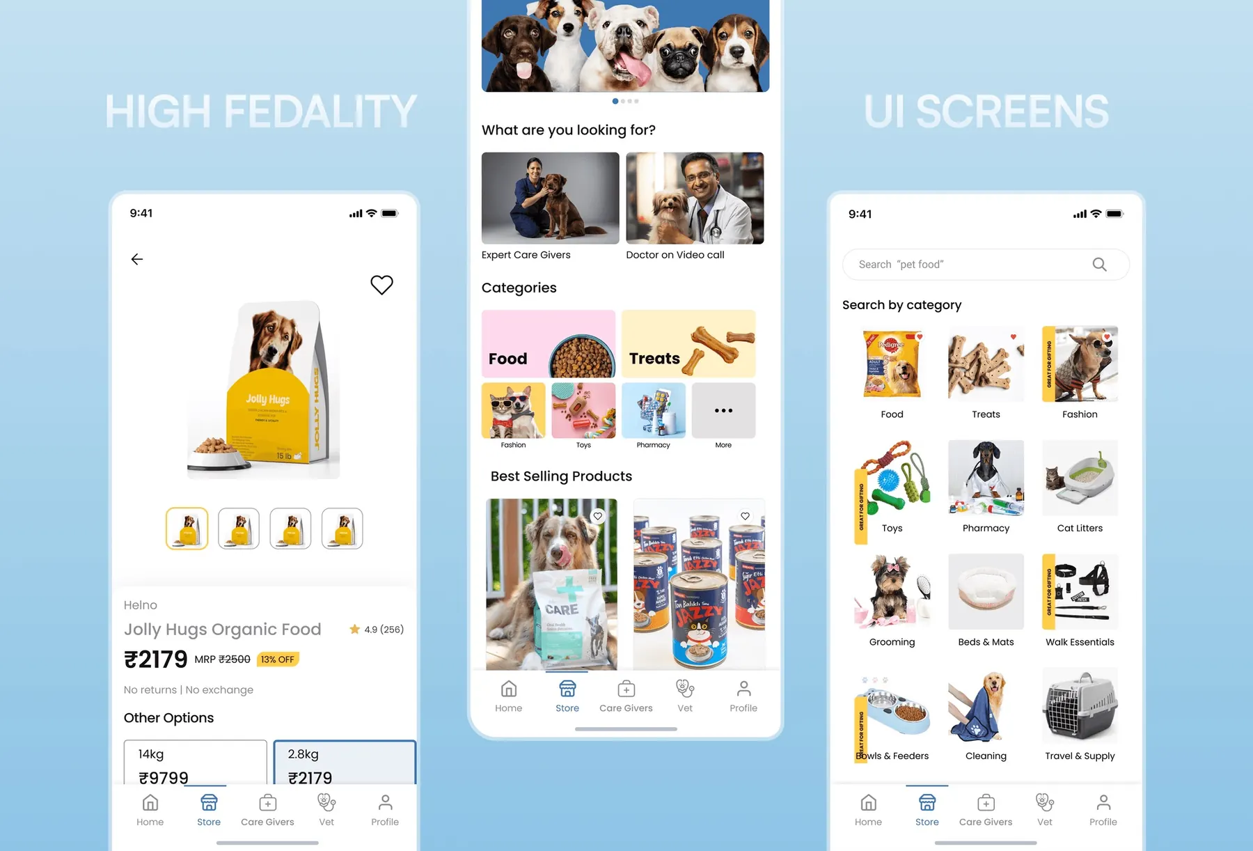 Jolly Hugs high fidelity screens: product detail, home with expert care and doctor video calls, and store categories
