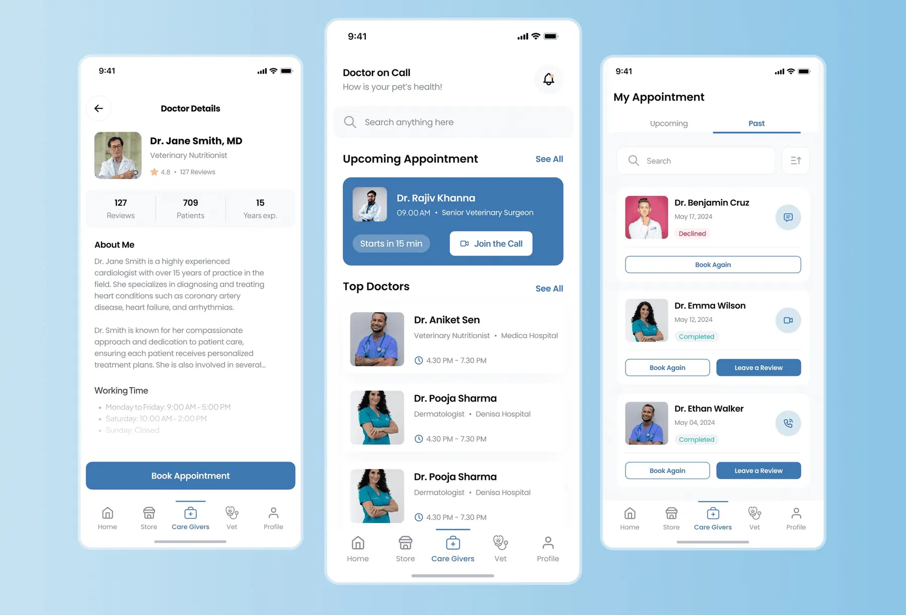 Jolly Hugs doctor details, doctor on call home and appointment history screens