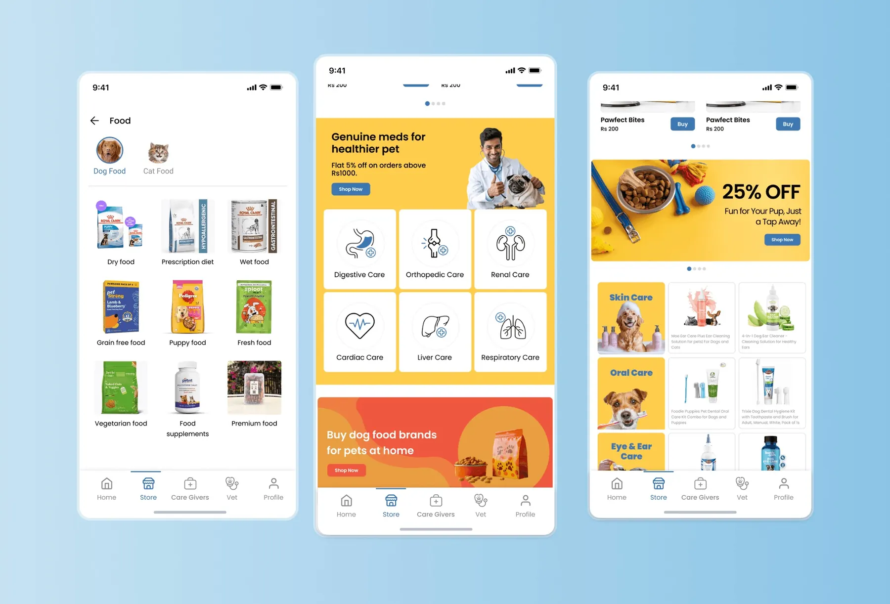 Jolly Hugs pet food categories, pet medicines by condition and pet care store screens