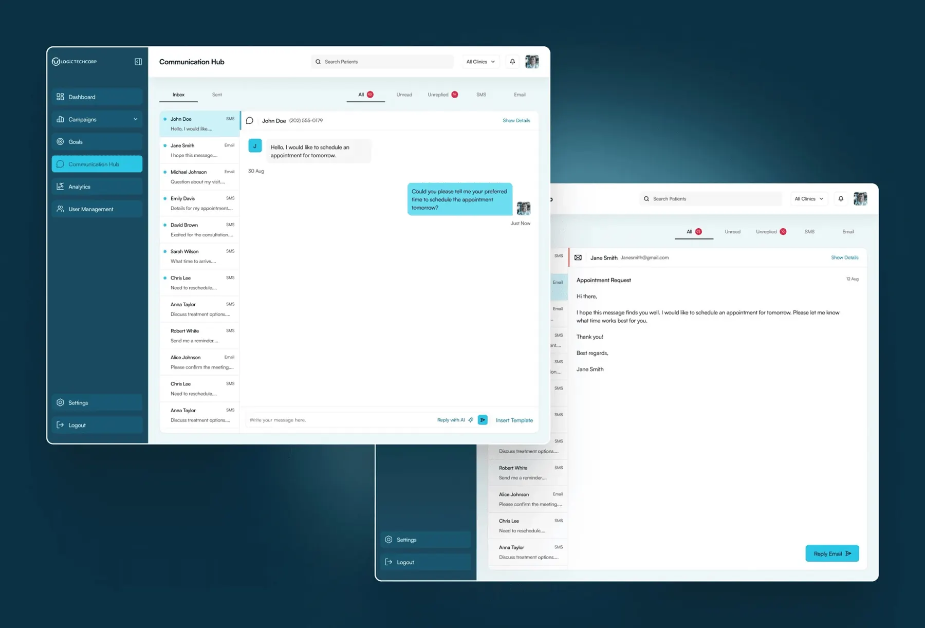 Logictech Communication Hub with a conversation list and message threads