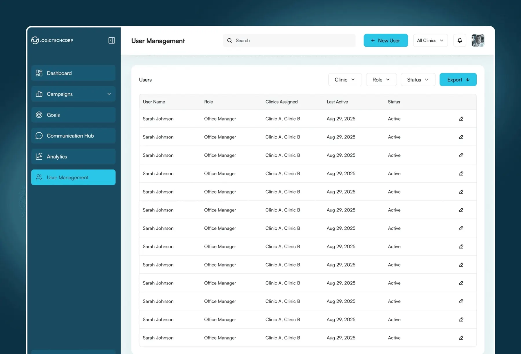 Logictech user management table with clinic, role and status filters