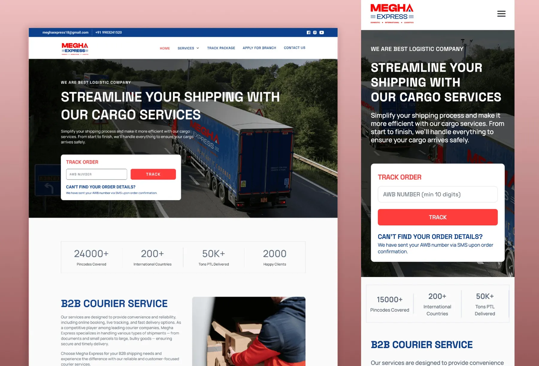 Megha Express homepage on desktop and mobile, with shipment tracking in the hero