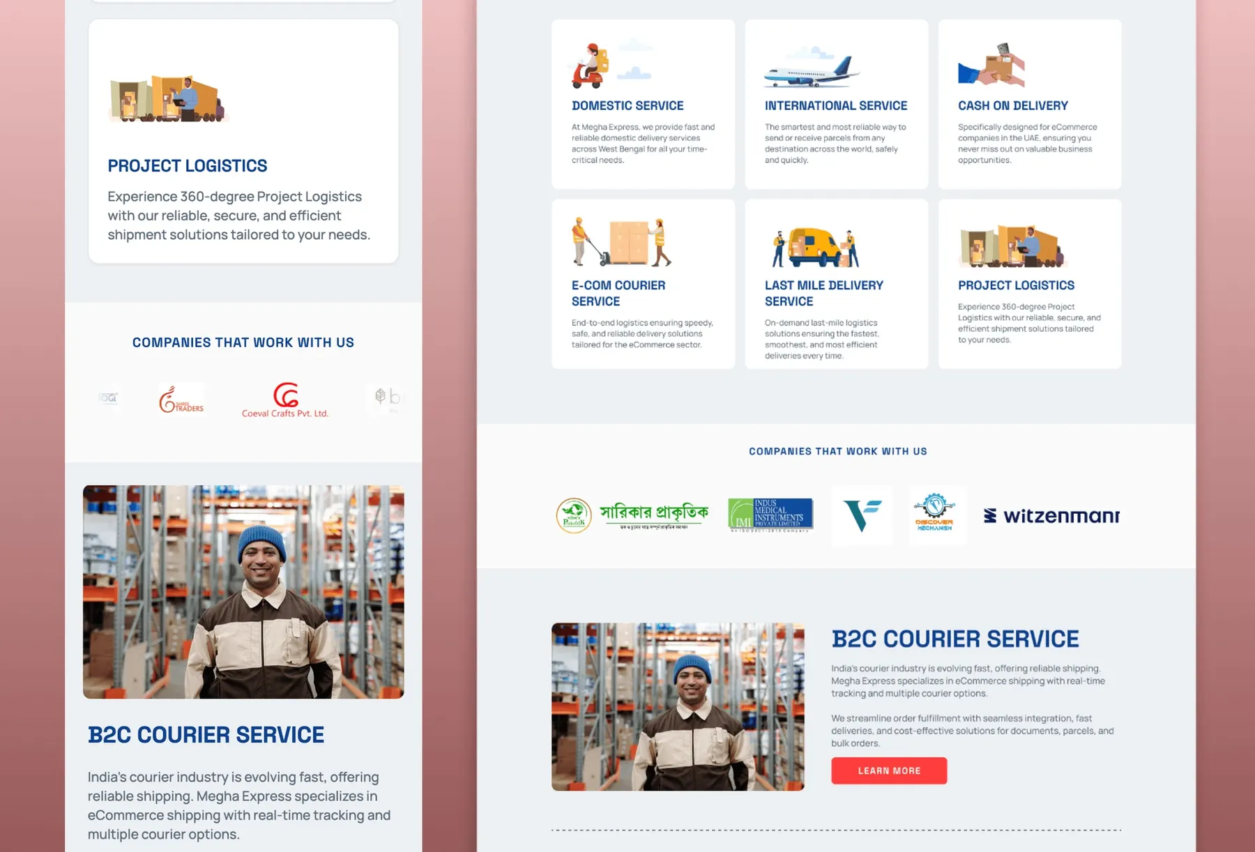 Megha Express service cards for domestic, international, cash on delivery, ecommerce, last mile and project logistics