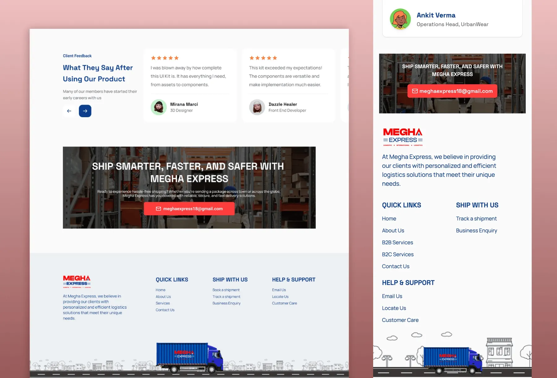 Megha Express customer feedback, call to action and footer on desktop and mobile