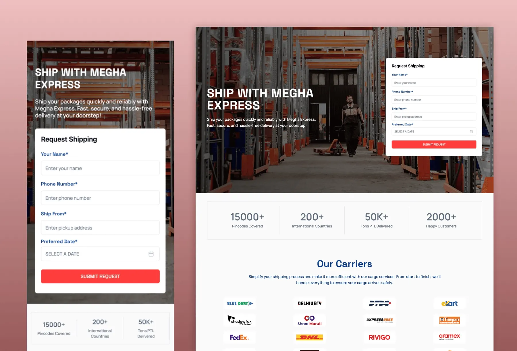 Megha Express shipping request form, company statistics and carrier logos