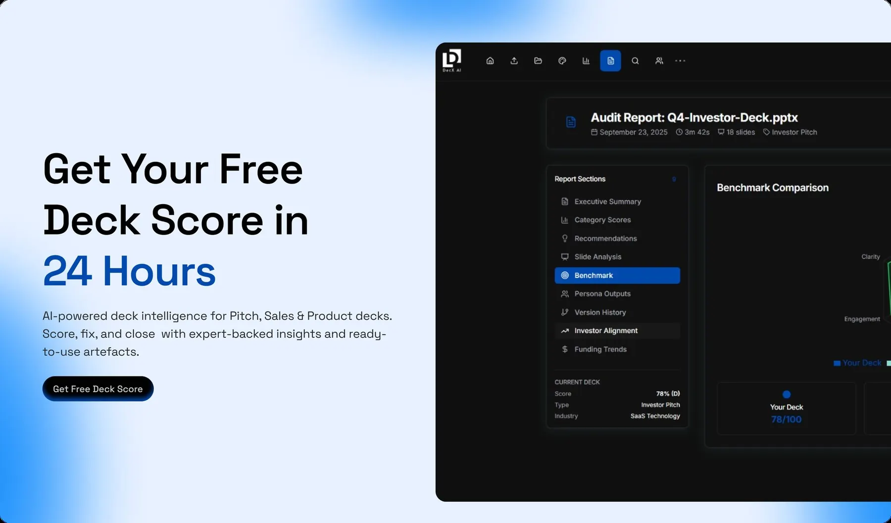 MyDeckAudit landing page hero, Get Your Free Deck Score in 24 Hours, beside an audit report dashboard