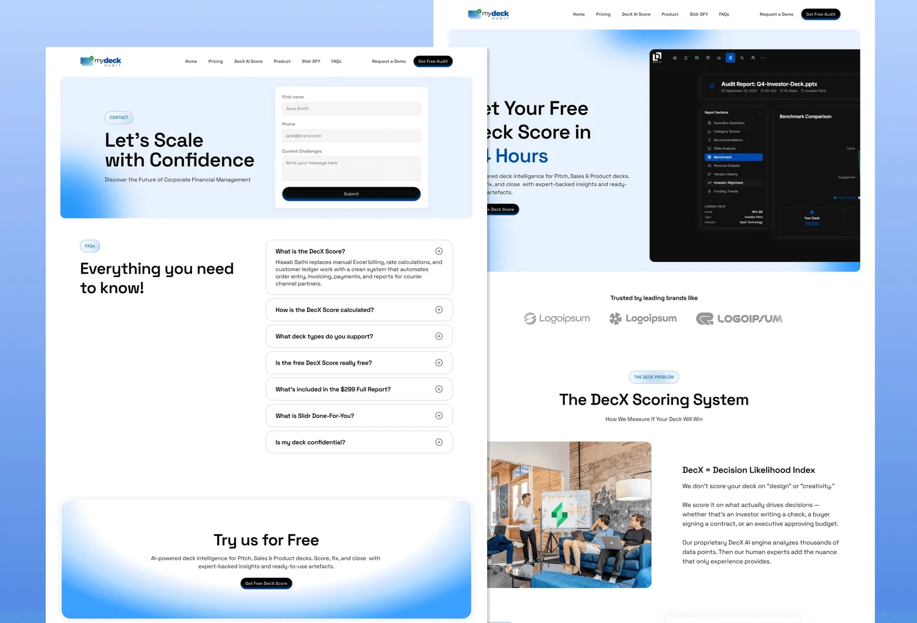 MyDeckAudit landing page sections: contact form, FAQs, trusted brands and the DecX scoring system