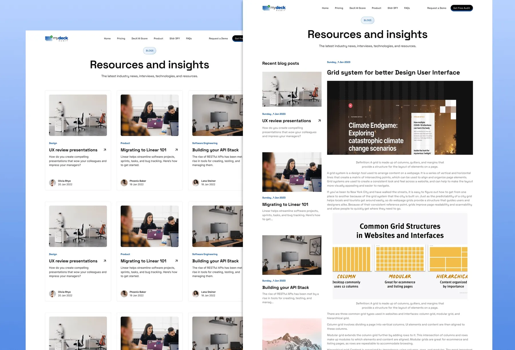 MyDeckAudit resources listing and blog article layout